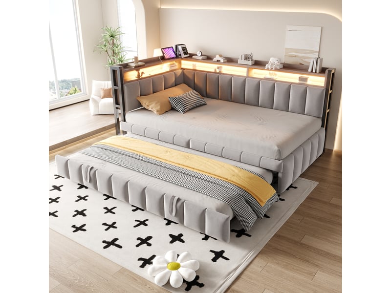 Canapé-lit 90 x 200 cm – avec lit gigogne – avec éclairage led – avec ports usb et type-c – gris clair (matelas non inclus) - Conforama E