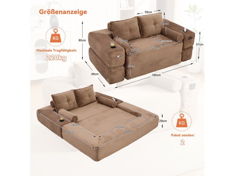  Canapé convertible 2 places 180x98x80 cm en velours côtelé avec porte-gobelet marron chicfurn  - Conforama D