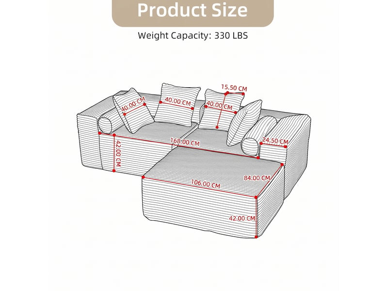  Canapé modulable d'angle compressé 217x110x60 cm 3 places en mousse, pour salon, design moderne, velours côtelé, beige  - Conforama C