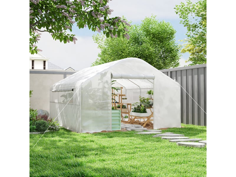  Serre de jardin 4 x 3 x 2m avec portes enroulables et grandes fenêtres, serre tunnel de jardin, blanc  - Conforama C