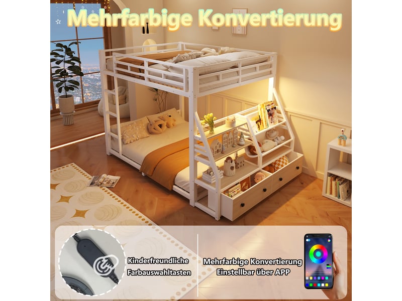  Lit superposé double 140×200 cm, led, 2 tiroirs et étagères - sans matelas, bois et métal - blanc  - Conforama C
