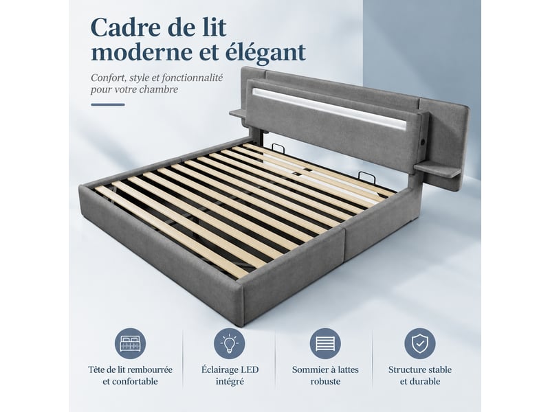  Lit coffre 180 x 200 cm gris rembourré avec rangement hydraulique et éclairage led multicolore, sans matelas  - Conforama D