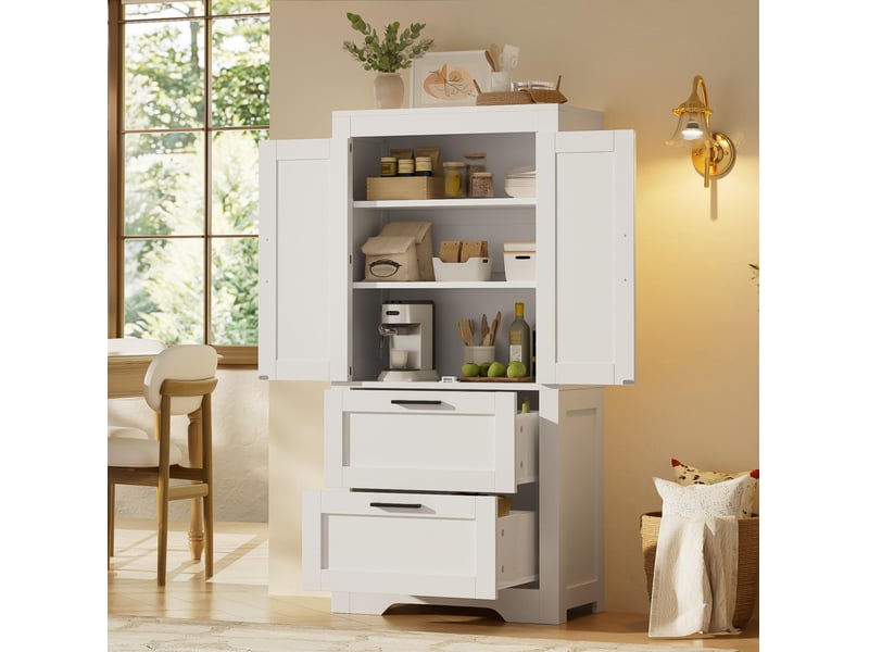  Armoire de cuisine blanche style campagne avec 2 tiroirs et étagères réglables, 60x30x128cm  - Conforama D