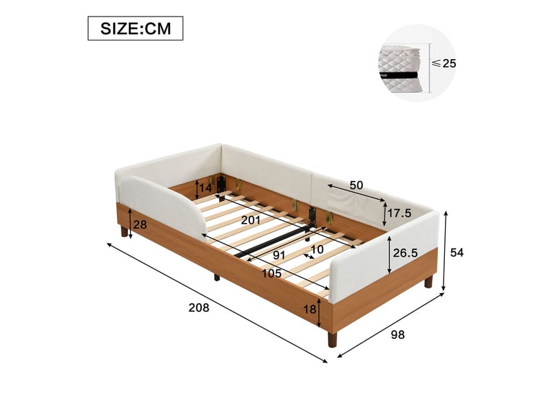  Lit rembourré 90 x 200 cm cadre stable lit simple design velours et bois 2 poches de rangement lit rembourré moderne bord en mousse antichoc doux cadre de lit stable blanc  - Conforama C