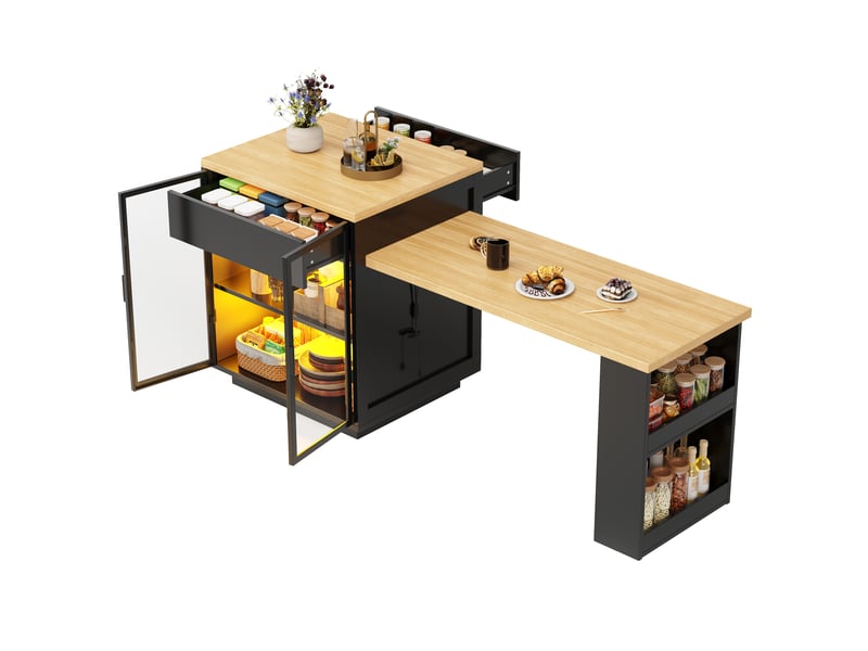 Îlot de cuisine extensible 122-194,5 x 70 x 94 cm, table à manger de cuisine, placard 2 portes, tiroir, étagère, led via application, port usb, noir Bliss Lite - Conforama A