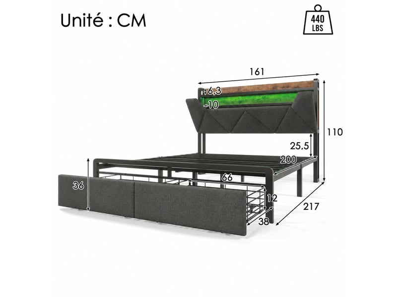 Lit en lin gris avec rangement, 2 tiroirs, led, usb-c et sommier, 160x200 cm - Conforama C