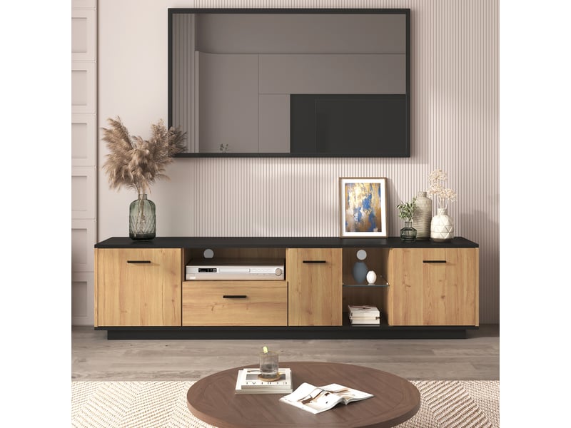  Meuble tv avec 3 portes et 1 tiroir, 180 x 37 x 45 cm, éclairage led multicolore, 2 niches ouvertes et tablettes en verre, mdf, noir Morn Vibe - Conforama B