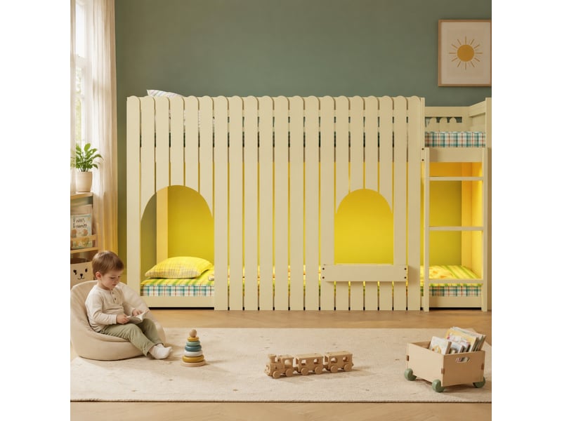 Lit mezzanine 90x200 cm éclairage led multicolore, en bois et mdf coloris naturel - Conforama C