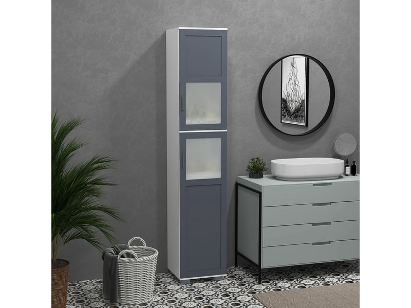 Armoire de salle de bain haute, colonne de salle de bain avec 2 portes en verre trempé et étagères réglables, 37 x 35 x 190 cm, blanc et gris - Conforama D