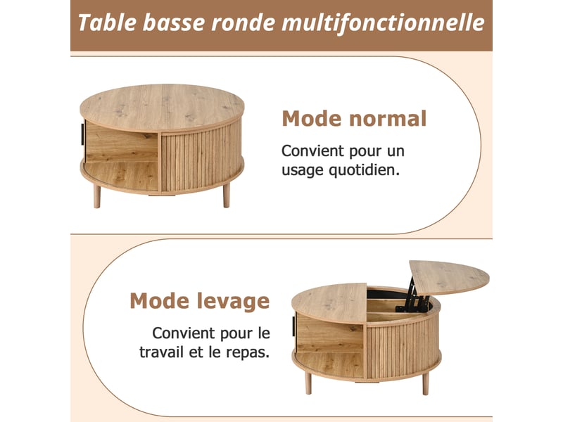 Table basse ronde avec rangement, plateau relevable, effet chêne, 80 x 80 x 59 cm - Conforama D