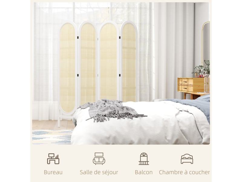  Paravent interieur en bois 4 panneaux 170 x 160 cm pliable et portable, blanc, motif tissé à la main  - Conforama W