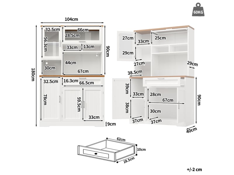  Meuble de rangement haut 104x40x180 cm, armoire de rangement, tiroir, portes, luminaire led, pour cuisine, salon, mdf+métal, blanc  - Conforama C