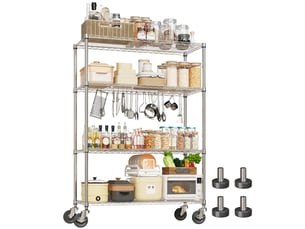 Rayonnage métallique étagère chromée ultra-résistante 4 niveaux, 4 roulettes, 119x46x180cm, cuisine garage cellier bureau pro