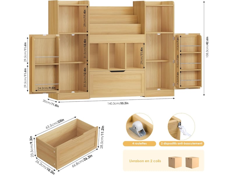  Meuble rangement enfant bibliothèque enfant 140x30x108.2cm, blanc  - Conforama C
