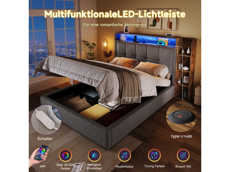 Lit rembourré gris 90x200 cm avec rangement, usb-c et led - Conforama B