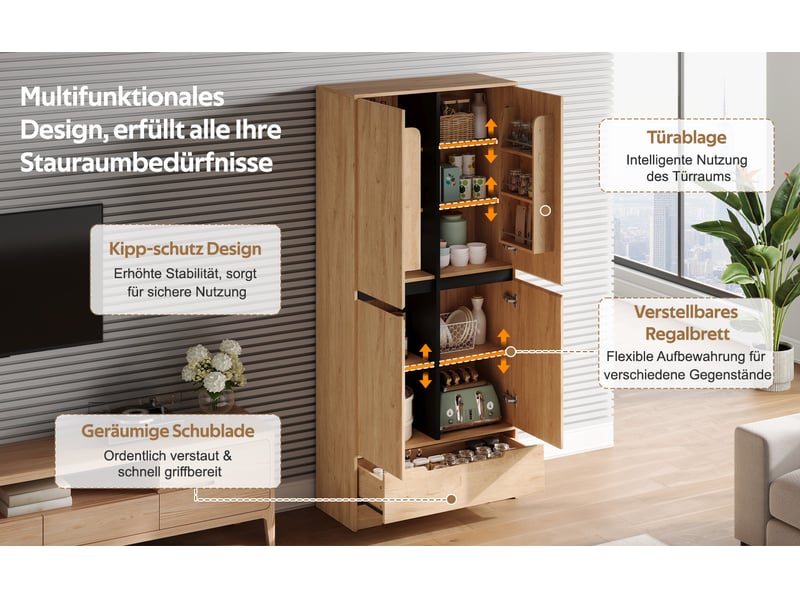  Armoire de rangement 2 portes et 1 tiroir, 80 x 35 x 180 cm, étagères réglables, rangements de porte et anti-basculement, mdf, couleur bois Morn Vibe - Conforama E