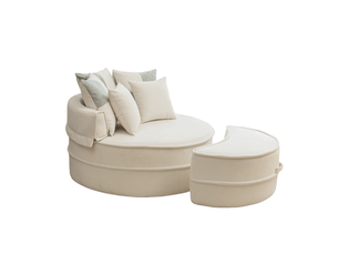 Fauteuil rond beige avec pouf, fauteuil lounge en chenille, 5 coussins, assise mi-ferme pour salon et chambre