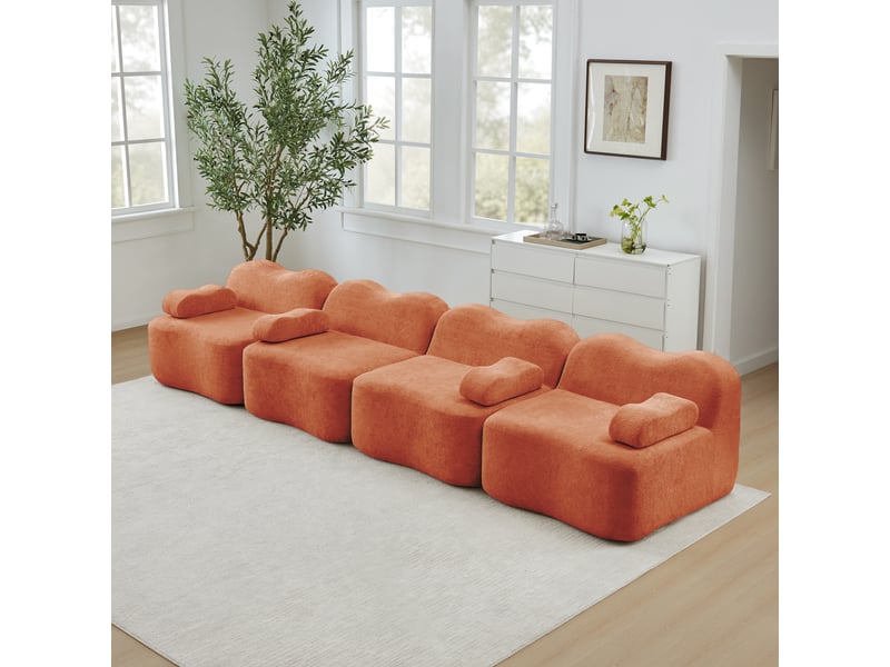  Canapé modulaire 4 places sans armature avec assise profonde et coussins d’accoudoirs, en velours orange  - Conforama C