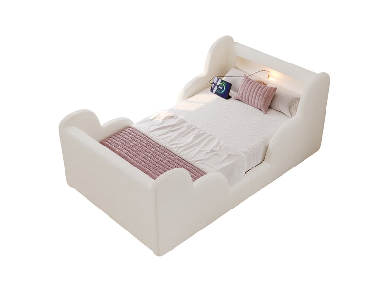  Modenvie lit enfant 90x200 cm - barrières rembourrées, ports usb-c et veilleuse - sommier inclus, sans matelas - beige  - Conforama A