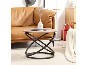 Table basse ronde style industriel en métal noir avec plateau en bois de diamètre 60 cm et hauteur 46 cm