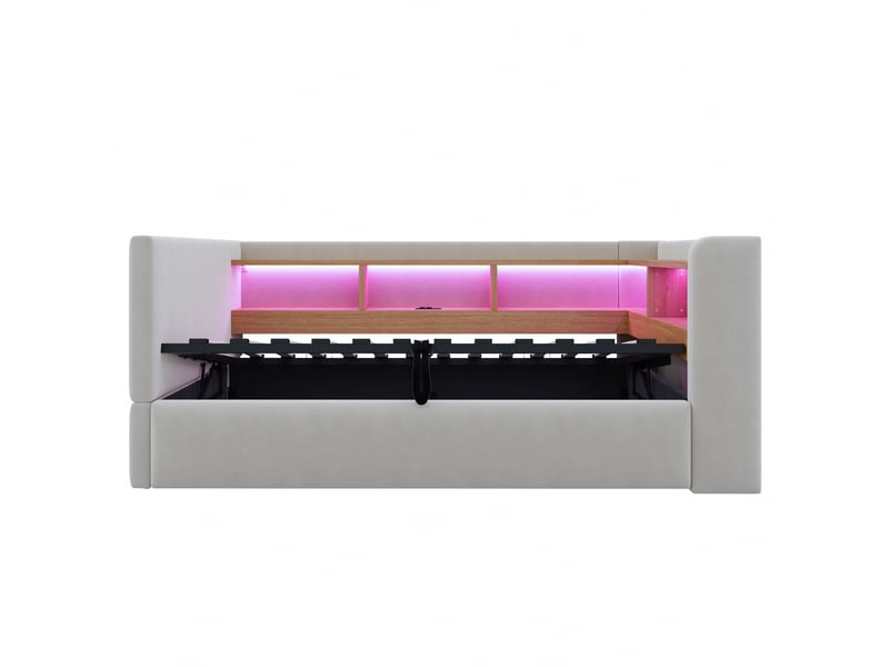 Canapé - lit 90×190 cm avec rangement hydraulique, équipé de lampes led, prises électriques et treillis de rangement, gris clair - Conforama A