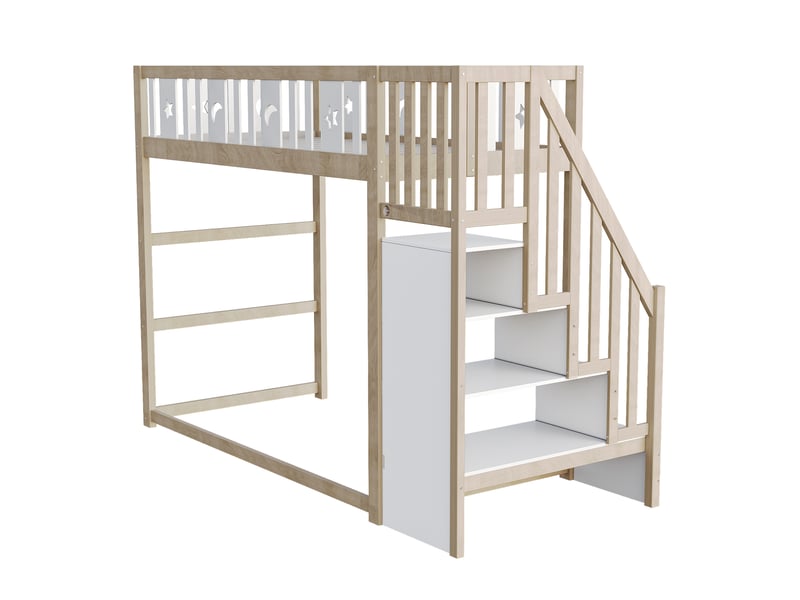 Lit mezzanine enfant 90x200 cm – blanc et naturel – escalier de rangement et étagères intégrées, sans matelas - Conforama E