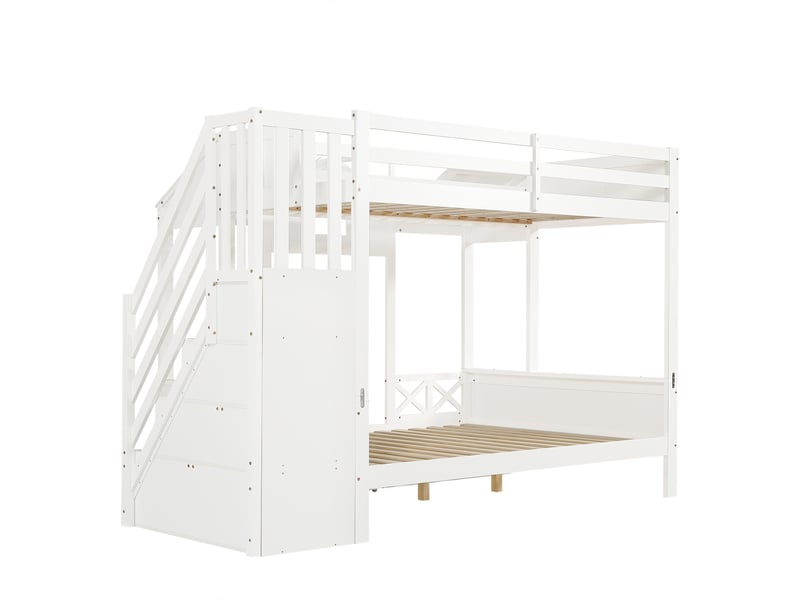 Lit superposé, lit enfant, deux tiroirs à roulettes, belles fenêtres et toit, placard sous l'escalier avec 4 compartiments de rangement, pin + mdf + contreplaqué, blanc, 90x200cm et 140x200cm - Conforama E