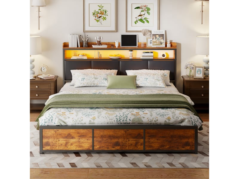  Lit 140x200 cm avec tête de lit rangement, lit double led,4 tiroirs, lit adulte ,sommier à lattes,marron, pu  - Conforama D