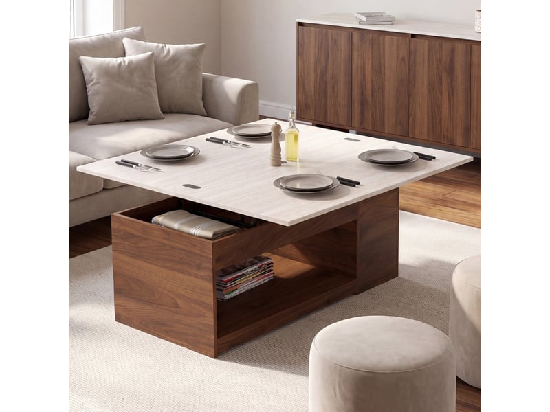 Table basse plateau relevable rectangulaire convertible en table à manger elea 100 cm effet noyer et plateau effet travertin - Conforama B