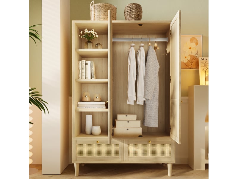Armoire tcqpz 180 x 120 x 50 cm avec portes à motif rotin, étagères ouvertes, penderie et 2 tiroirs, style maison de campagne, bois clair - Conforama D