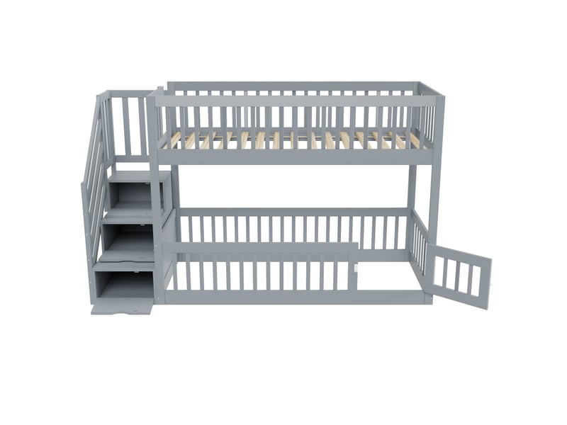  Lit superposé enfant 90x200 cm – gris – escalier sécurisé avec tiroirs et porte ouvrante intégrée  - Conforama D