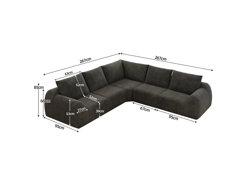  Canapé d'angle modenvie 5 places 267 x 267 x 85 cm en tissu chenille gris foncé, mousse haute élasticité  - Conforama C