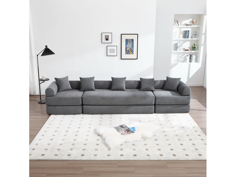  Canapé d'angle 4 places moderne 270x180x64 cm, stockage, poches, modulable à volonté, en velours côtelé, gris foncé  - Conforama E