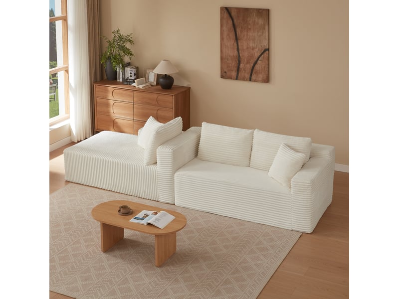  Canapé d'angle modulable 4 places avec chaise longue surdimensionnée et coussins amovibles en tissu blanc  - Conforama E