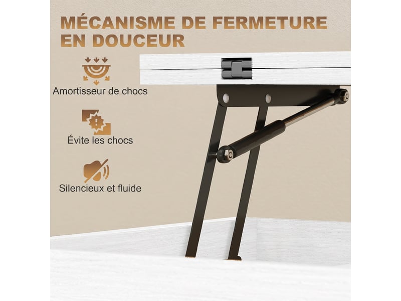  Table basse relevable et extensible, 98x49x55cm, table de salon avec compartiment caché étagères ouvertes, blanc  - Conforama R