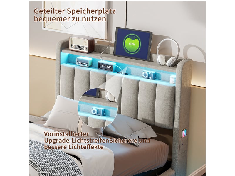  Lit coffre 90 x 200 avec sommier led et usb, lit simple rembourré avec hydraulique rangement e tete de lit, lit 1 personne pour adultes et ado  - Conforama E