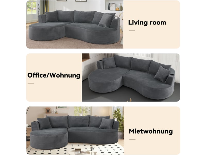  Canapé méridienne gauche 3 places gris design courbé tissu côtelé avec porte-gobelets et coussins pour salon moderne  - Conforama W