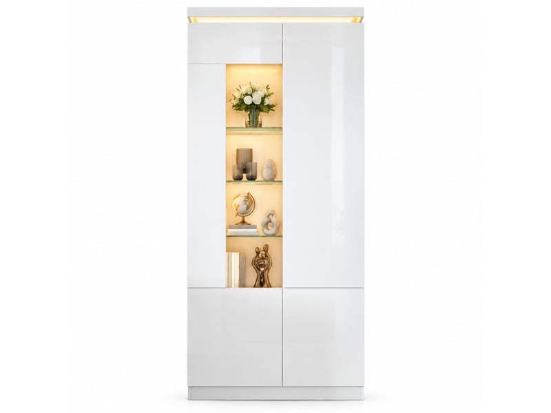  Vitrine haute avec 4 portes, 6 étagères et éclairage led bluetooth pour salon, salle à manger et chambre, en mdf blanc  - Conforama A