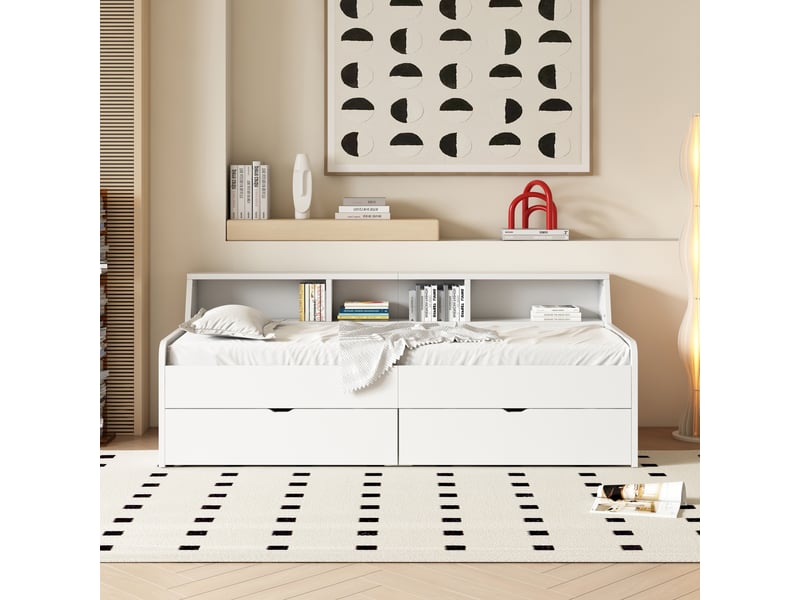  Lit banquette 90x200 cm blanc avec deux tiroirs et compartiments de rangement  - Conforama B