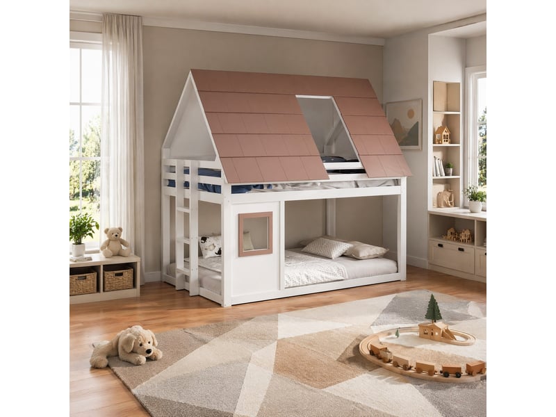  Lit superposé enfant 140×200 cm avec toit et échelle - okmyhome- sans matelas, pin et mdf blanc marron  - Conforama B