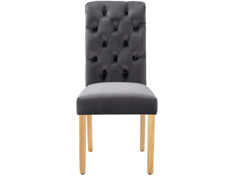  Lot de 4 chaises de salle à manger en tissu velours gris avec pieds en chêne, boutons et loquet chromé  - Conforama A