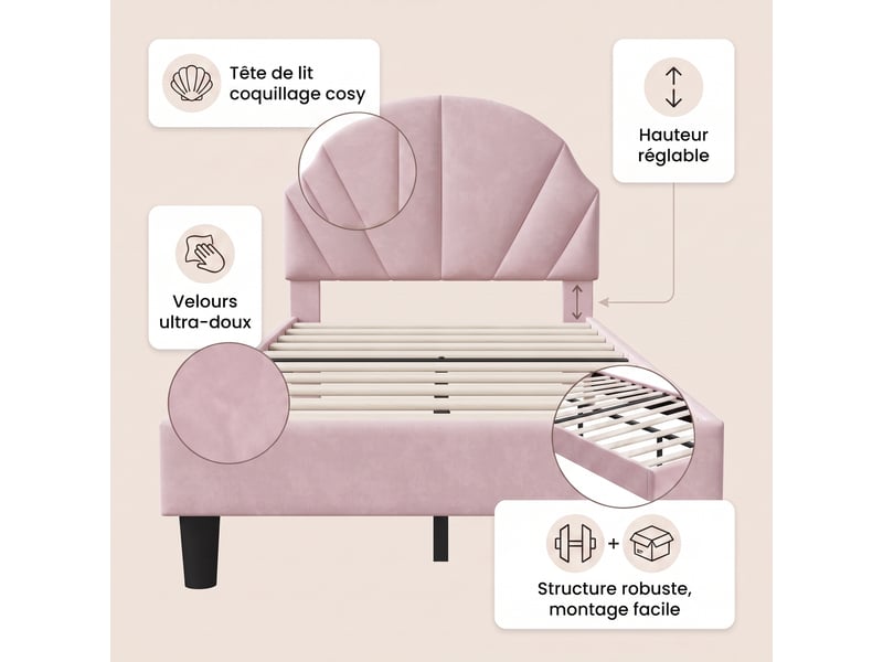  Lit simple 90x200 cm, lit enfant avec tête de lit coquillage réglable, lit capitonné en velours avec sommier, rose  - Conforama C