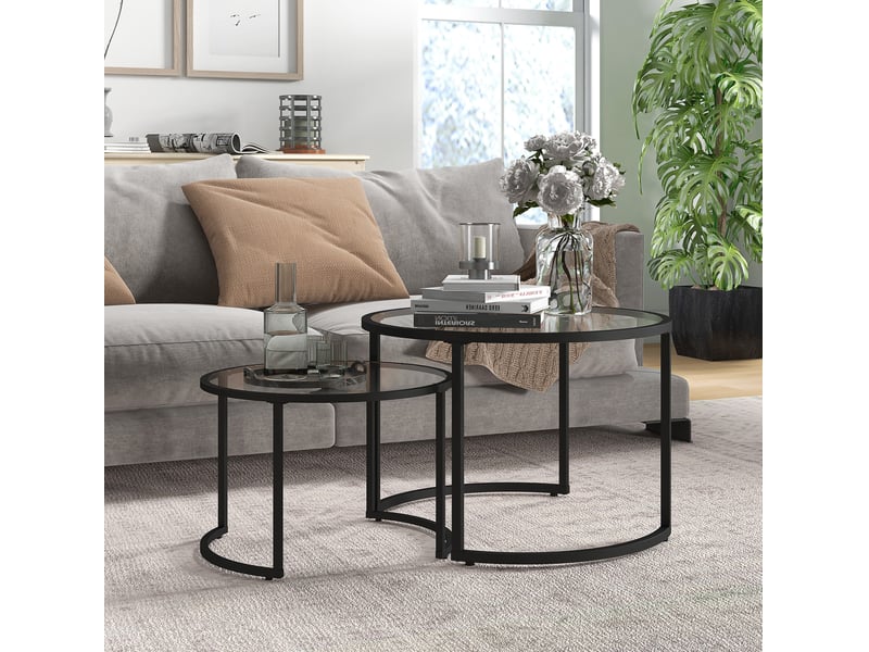 Tables basses gigognes rondes 2 pièces avec plateaux en verre trempé et structure en acier noir pour salon moderne - Conforama B