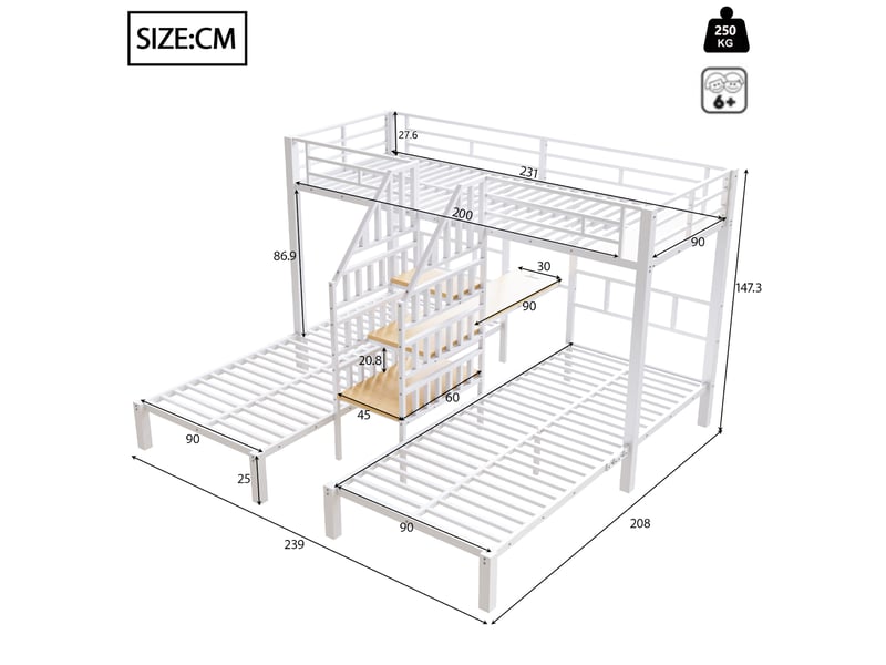  Lit superposé enfant 3 couchages 90 x 200 cm, bureau, led, usb et prise, blanc  - Conforama C