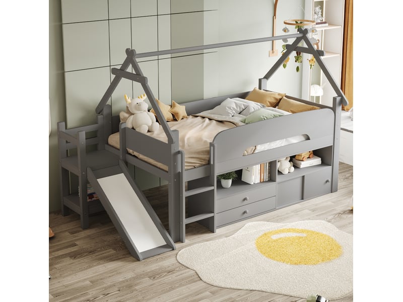  Lit enfant surélevé 90x200 cm avec toboggan et rangements, gris et blanc  - Conforama B