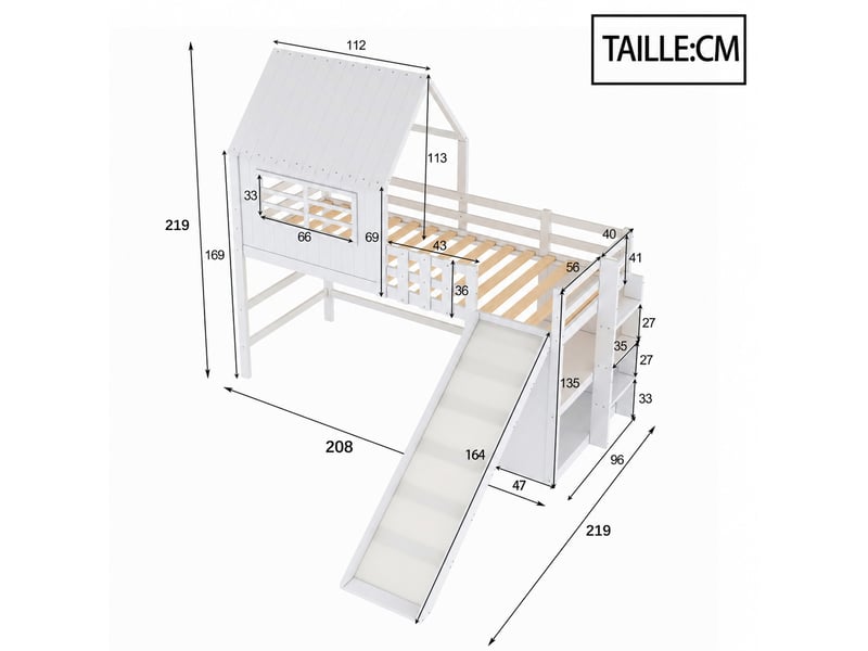  Lit mezzanine enfant, lit simple avec toboggan, échelle, rangements et toit, 90x200 cm, sans matelas, blanc  - Conforama D