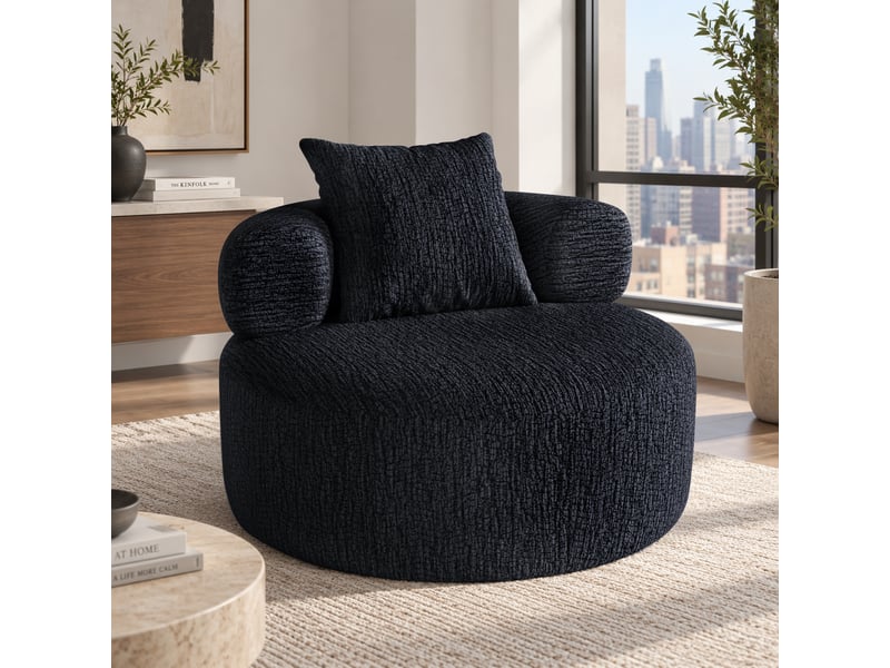  Pouf rond effet chenille noir 100 cm effet chenille avec coussin pour salon et chambre IKSETERA TRADING LTD - Conforama B