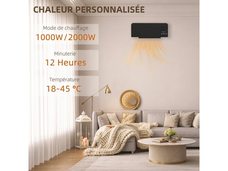  Radiateur soufflant mural chauffage céramique ptc - 1000 w 2000 w oscillation minuterie avec télécommande noir  - Conforama D