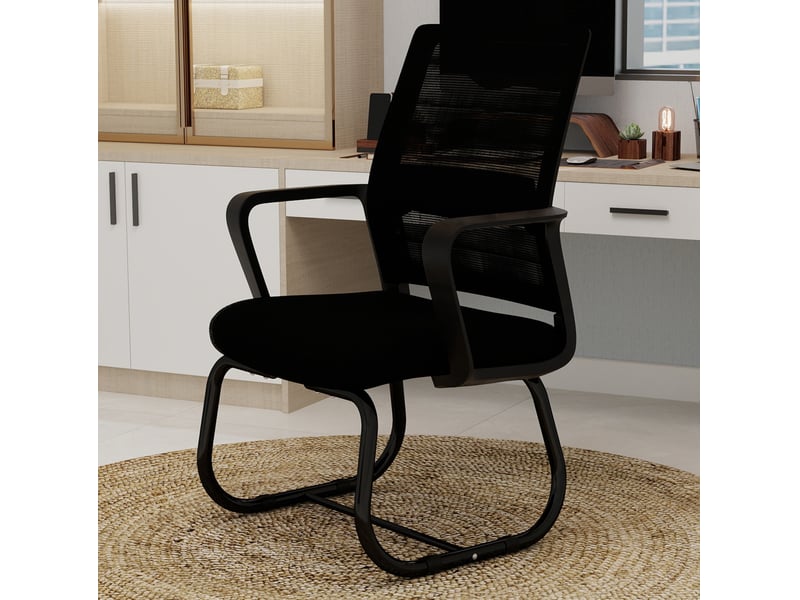  Chaise de bureau fixe noire en tissu et maille, piètement métal en luge, idéale pour le télétravail  - Conforama B