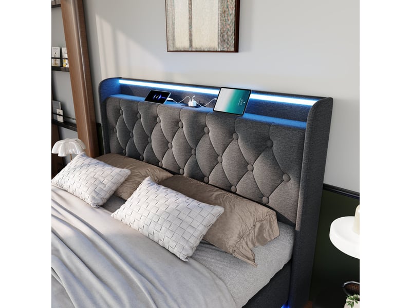  Lit coffre 160x200cm, espace de rangement, éclairage led, port de charge usb, type-c, incluant un matelas, lin, gris  - Conforama E